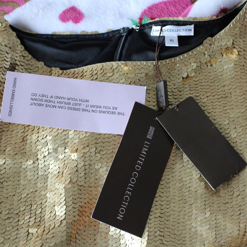 NWT Marks & Spencer Limited Collection Gold Sequin Shift Dress – Size 10 - Picture 8 of 9